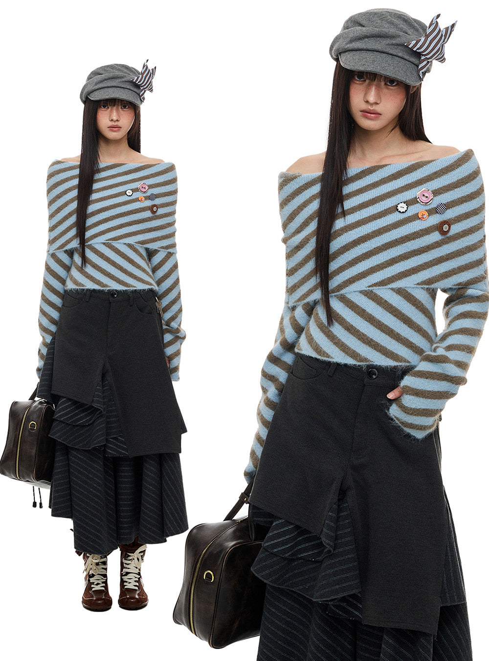 Blue Brown Stripe Off-Shoulder Knit Top
