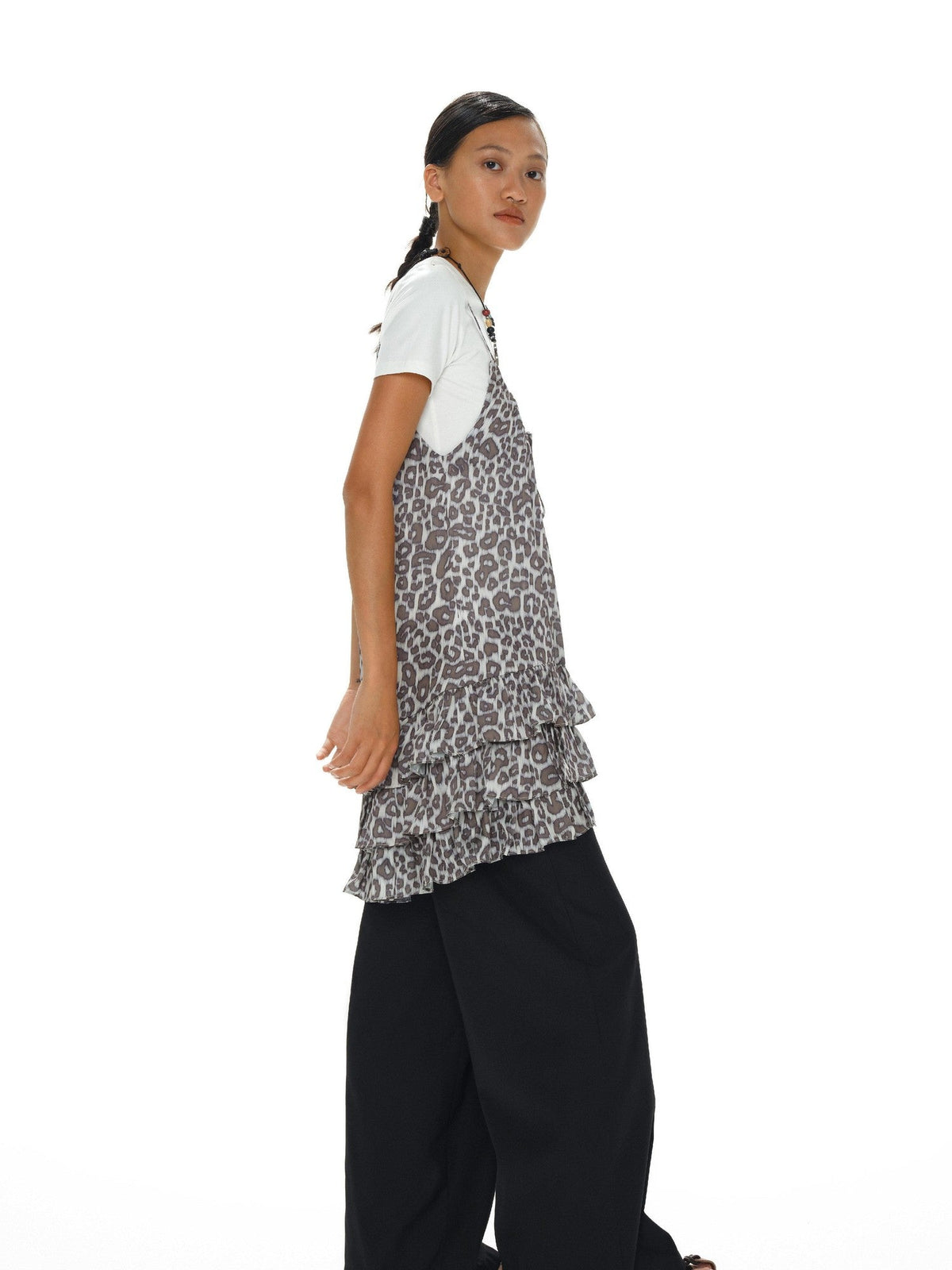 Leopard Print Ruffle Hem Adjustable Straps Women'S Polyester Slip Midi Dresses