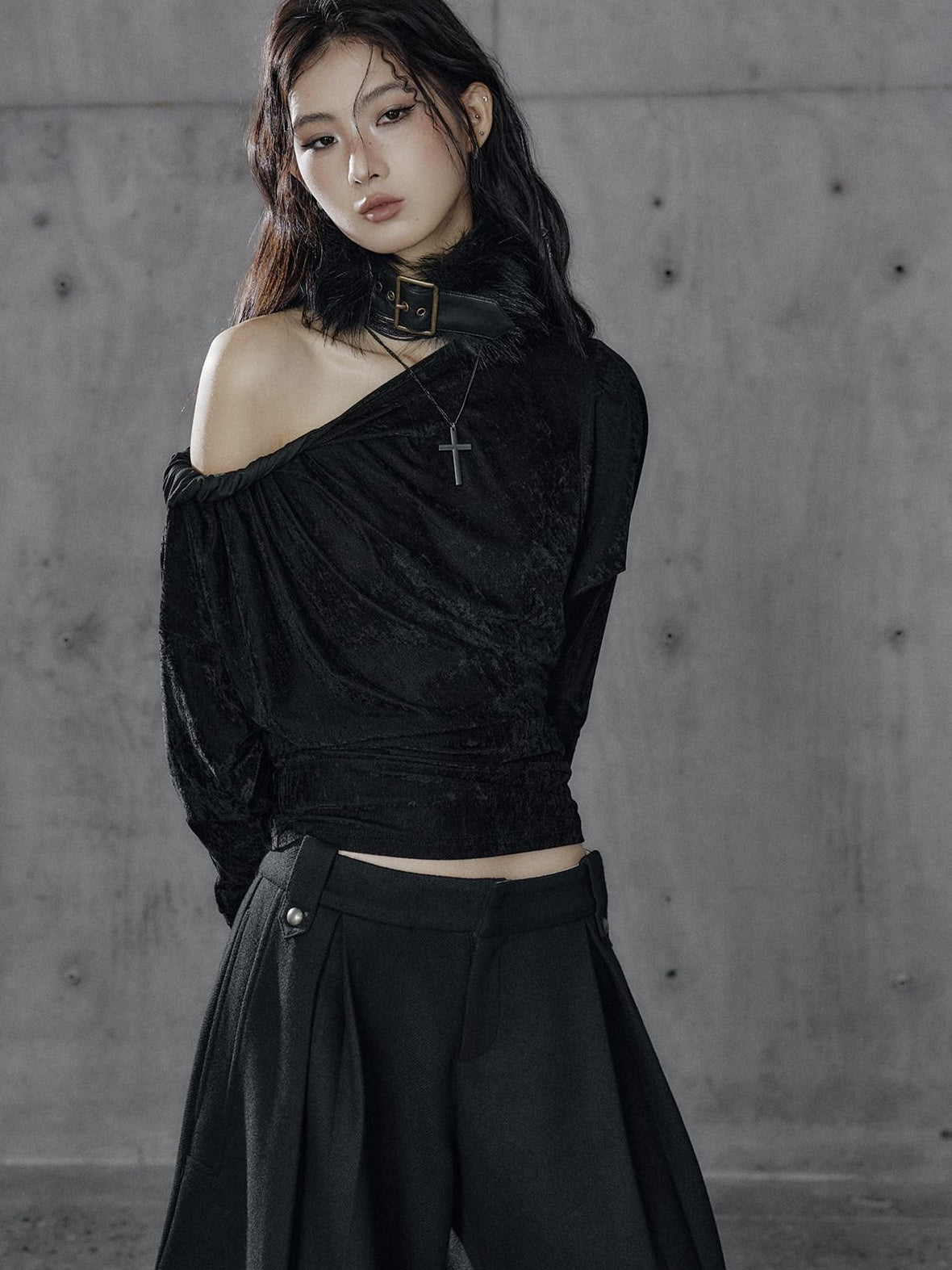 Vintage Waist Long Sleeve Slant Neck Black Knit Women Off Shoulder Crop Tops