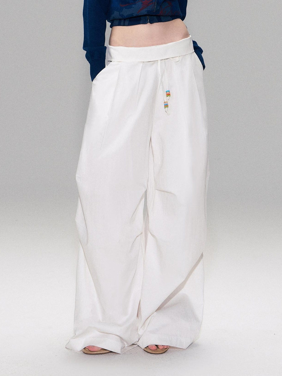Cotton Blend Vintage Curved Cut Natural Waist Women White Wide Leg Pants