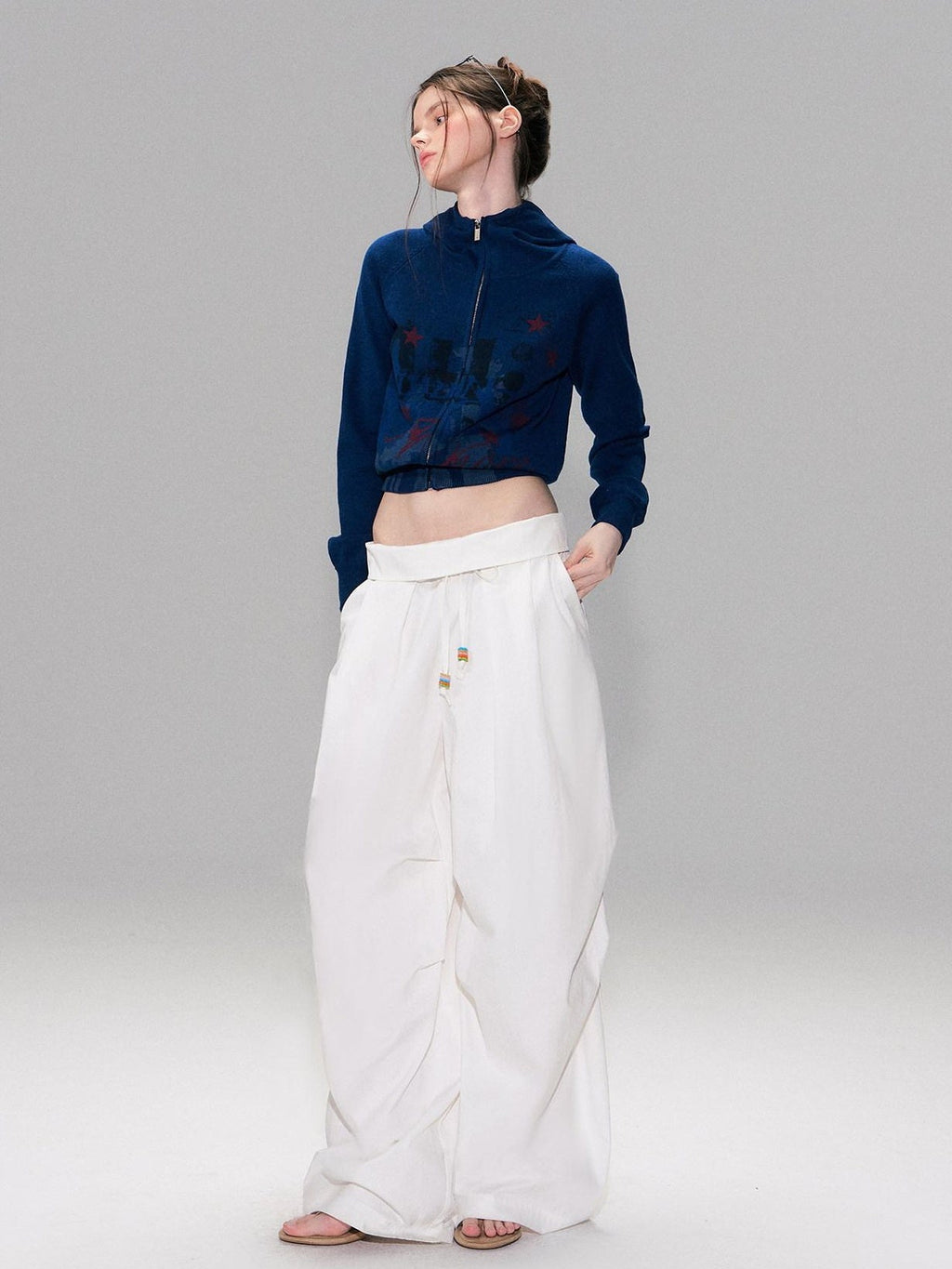 Cotton Blend Vintage Curved Cut Natural Waist Women White Wide Leg Pants