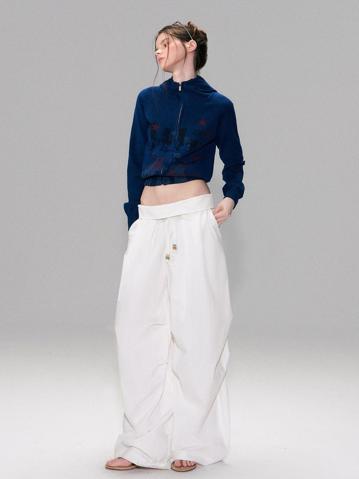 Cotton Blend Vintage Curved Cut Natural Waist Women White Wide Leg Pants