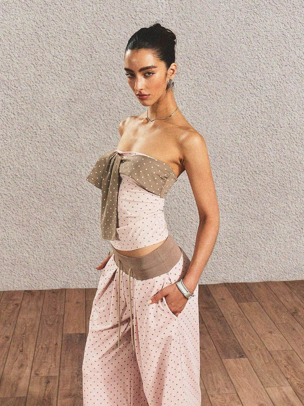 Polka Dot Cotton Two Piece Colorblock Sexy High Waist Pants Tube Tops