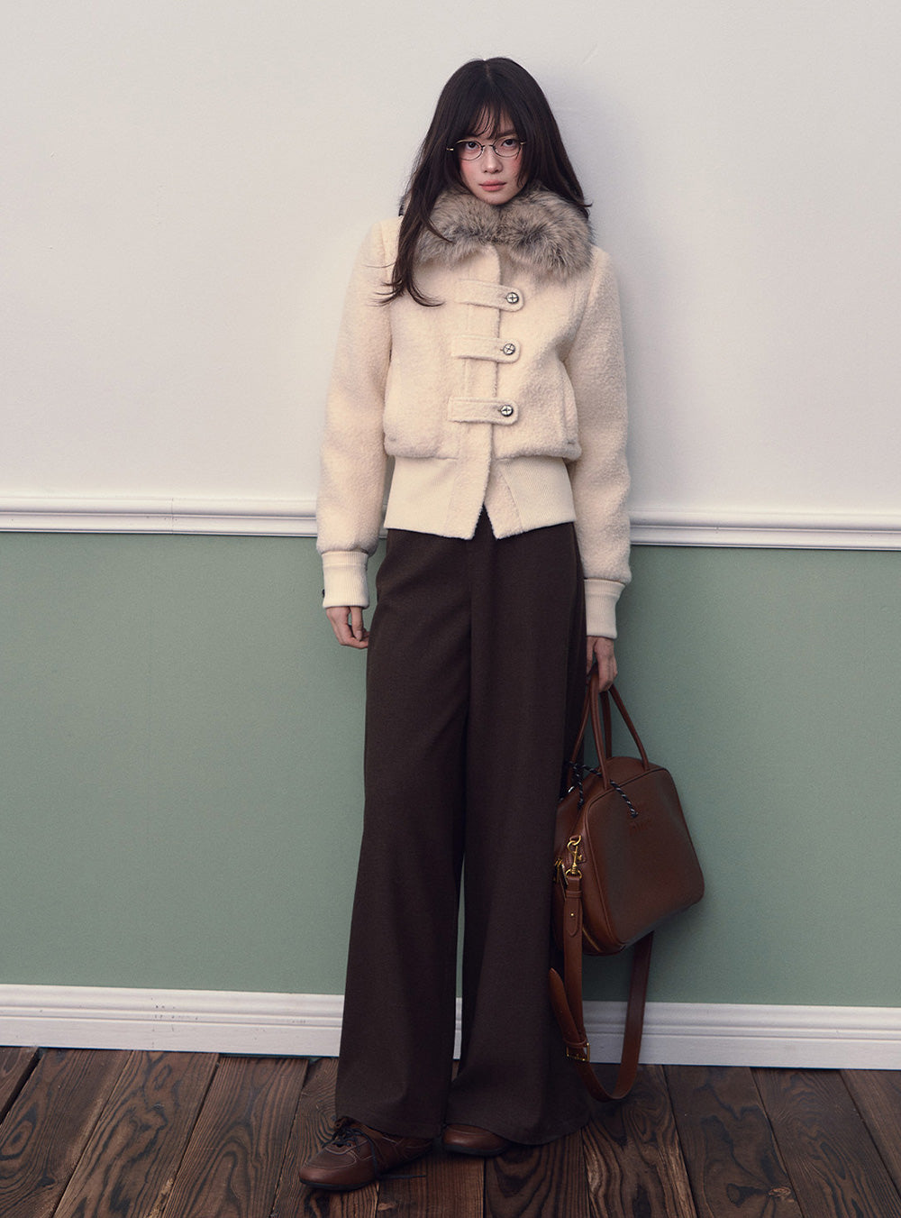 Off White Wool Trim Short Down Jacket