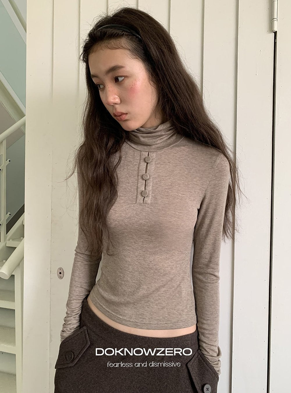 Camel Button Turtleneck Top