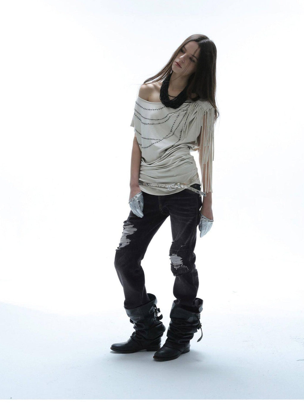 Dark Wash Whisker Distressed Ripped Low Rise Women'S Cotton Straight-Leg Jeans