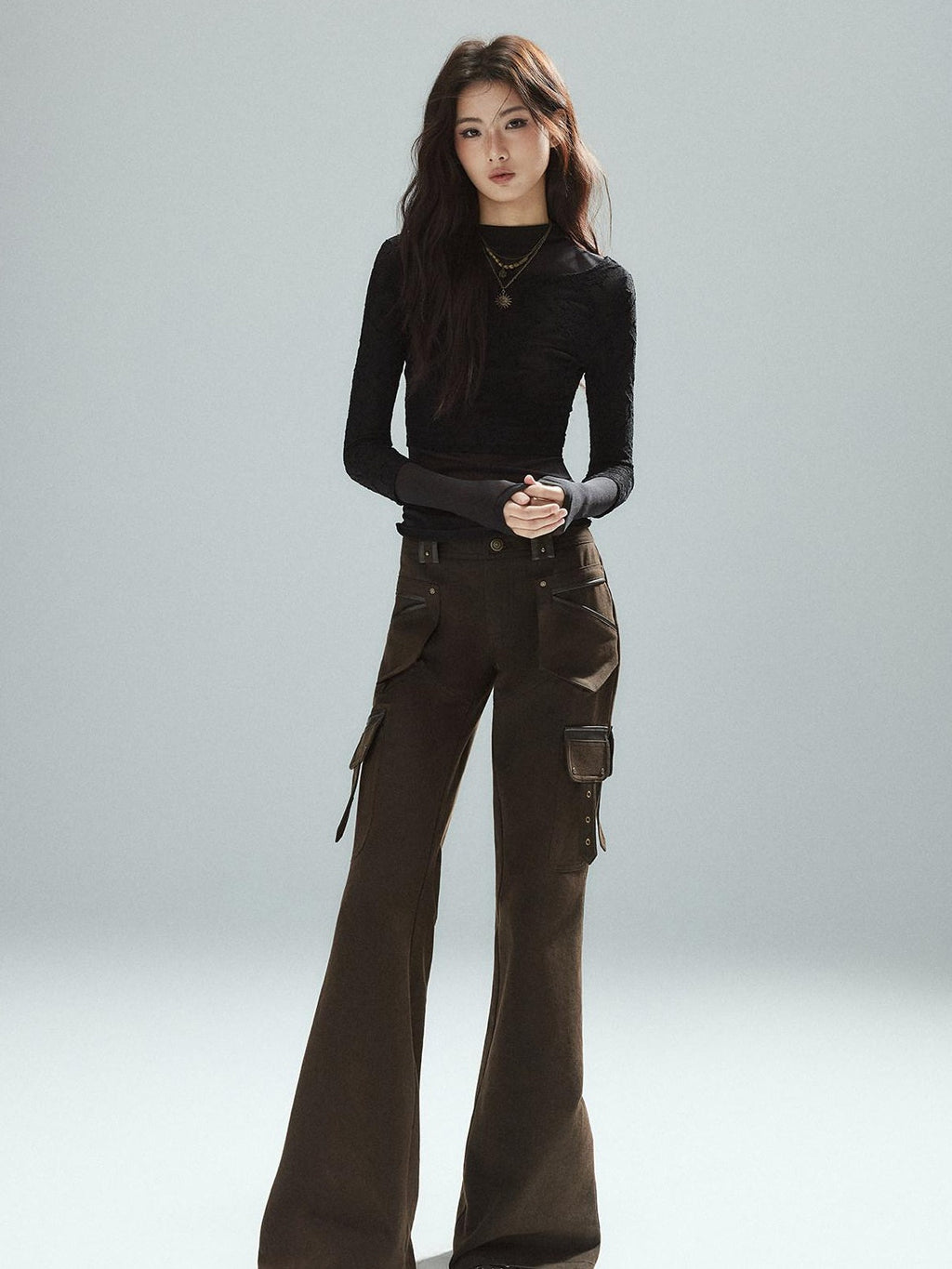 Slim Low Rise Cotton Flare Street Style Zipper Brown Women Cargo Pants