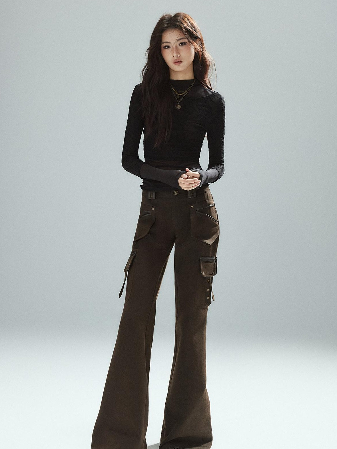 Slim Low Rise Cotton Flare Street Style Zipper Brown Women Cargo Pants