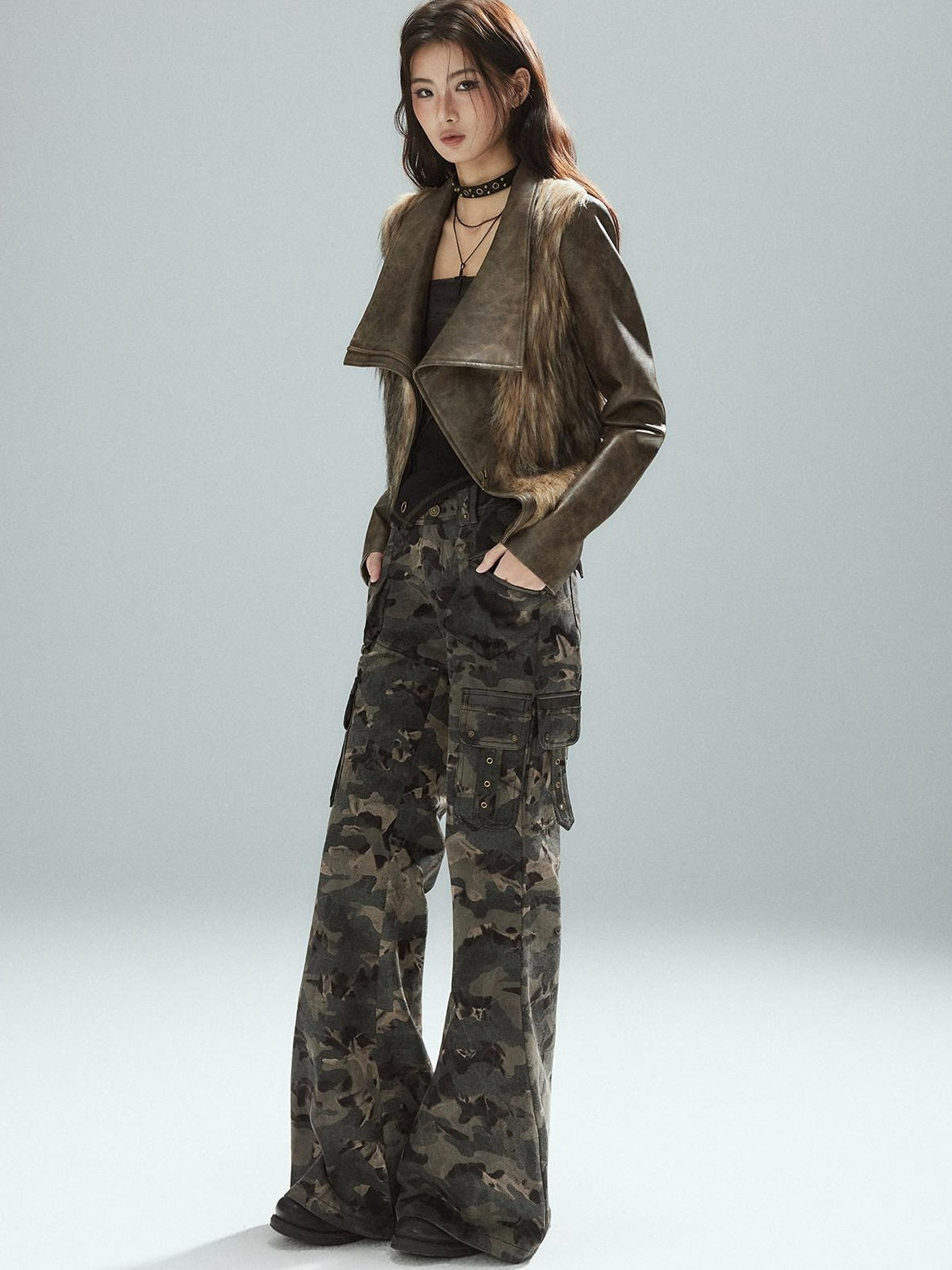 Thick Waist Cinch Patchwork Street Style Women Brown Zipper Lapel Cropped Jackets