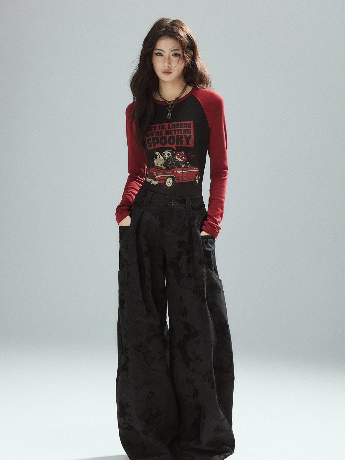 Black Cotton Flocked Low Rise Loose Street Women Zip Fly Wide Leg Jeans