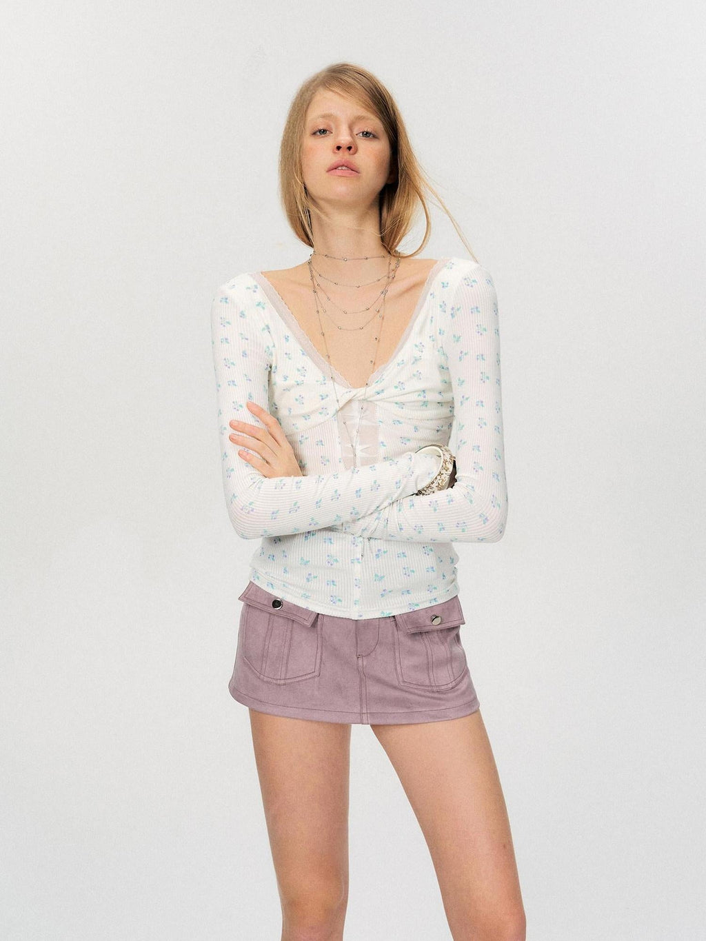 Sexy Mesh Floral Spliced Fitted Womens Stretch Long Sleeve Crop Tops