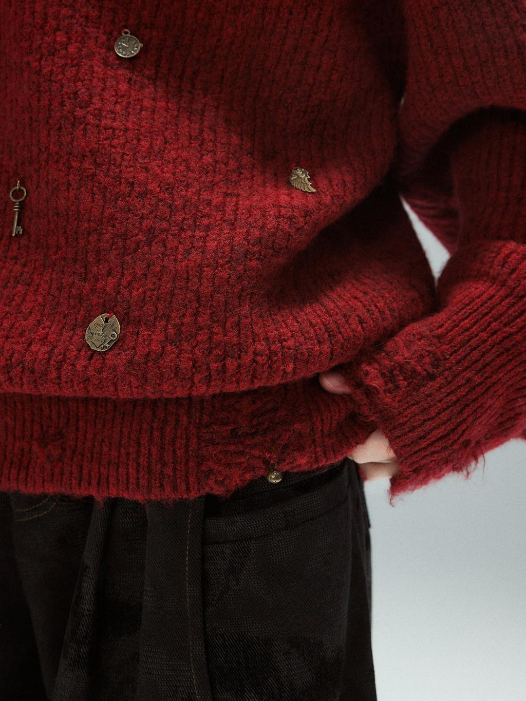 Warm Oversized Street Raw Hem Women V-neck Red Pullover Sweaters