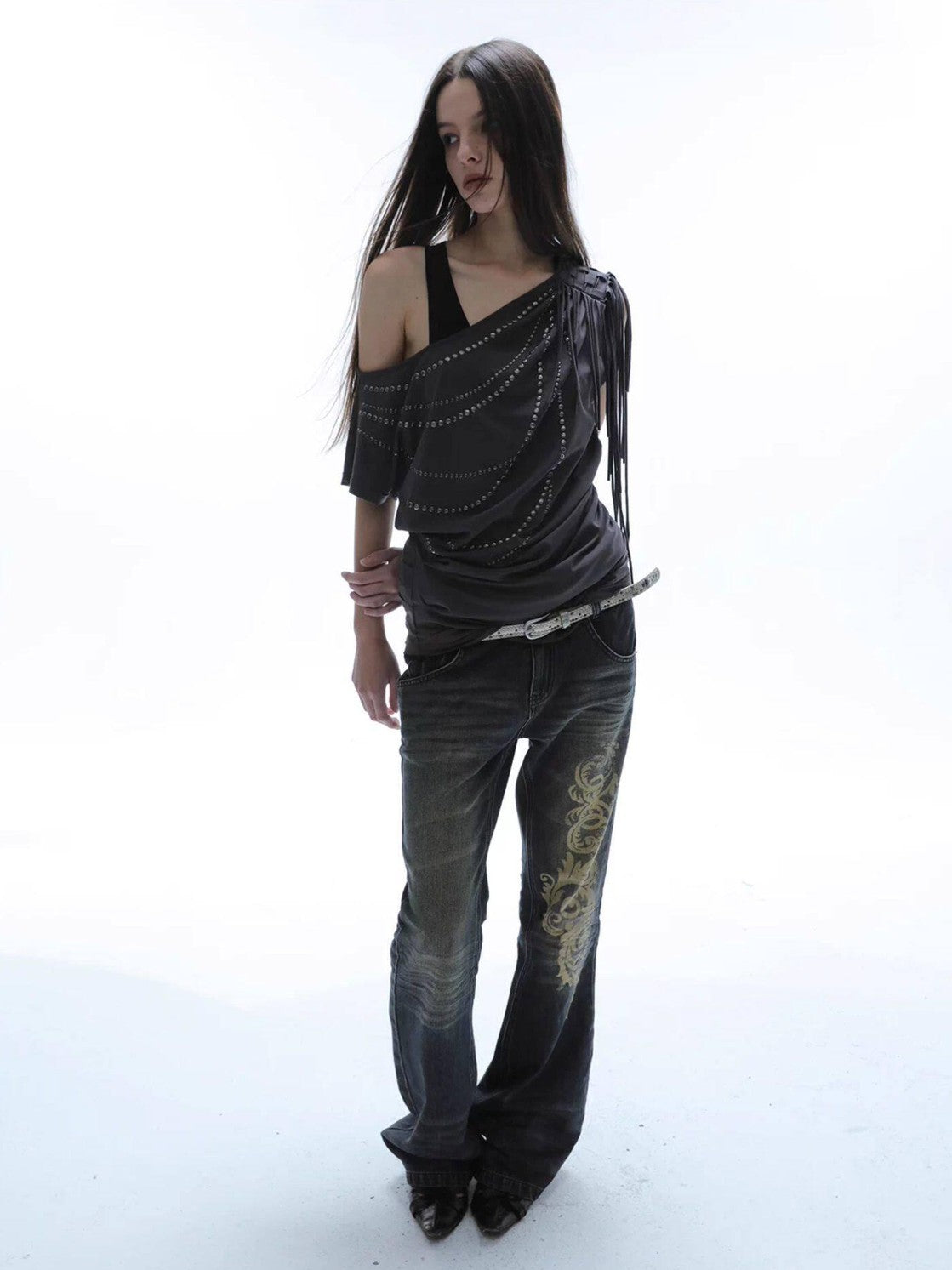 Baroque Print Distressed Micro Flare Women'S Cotton Low-Rise Jeans