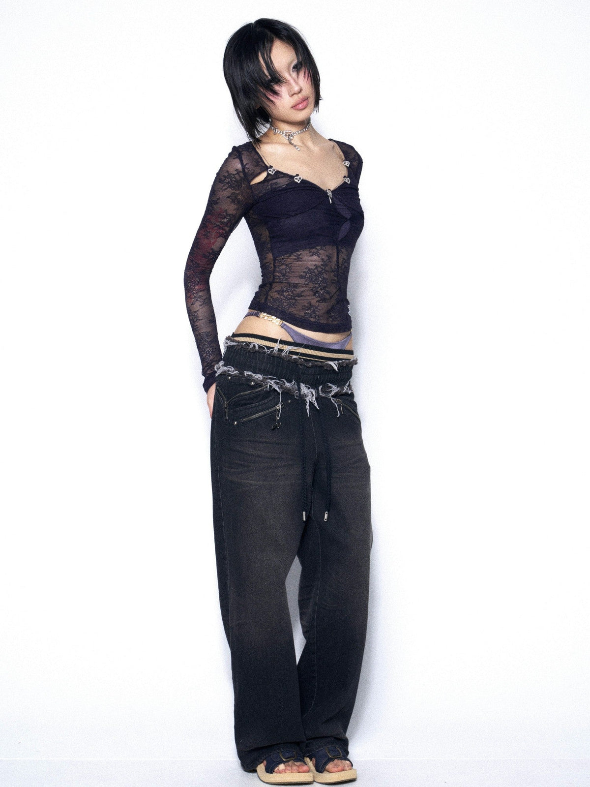 Dark Blue Purple Lace Cutout Heart Women'S Cotton Long Sleeve T-Shirts