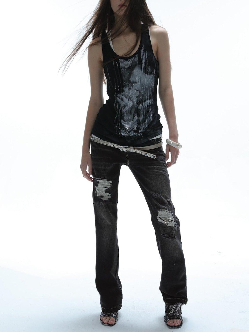 Dark Wash Whisker Distressed Ripped Low Rise Women'S Cotton Straight-Leg Jeans