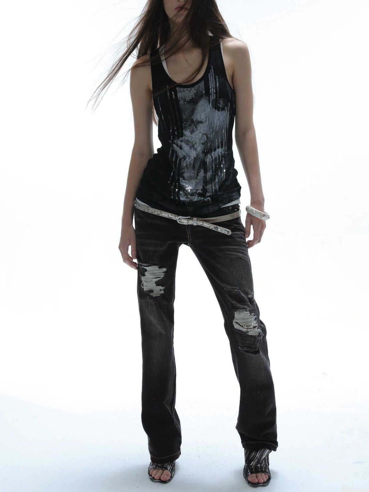 Dark Wash Whisker Distressed Ripped Low Rise Women'S Cotton Straight-Leg Jeans