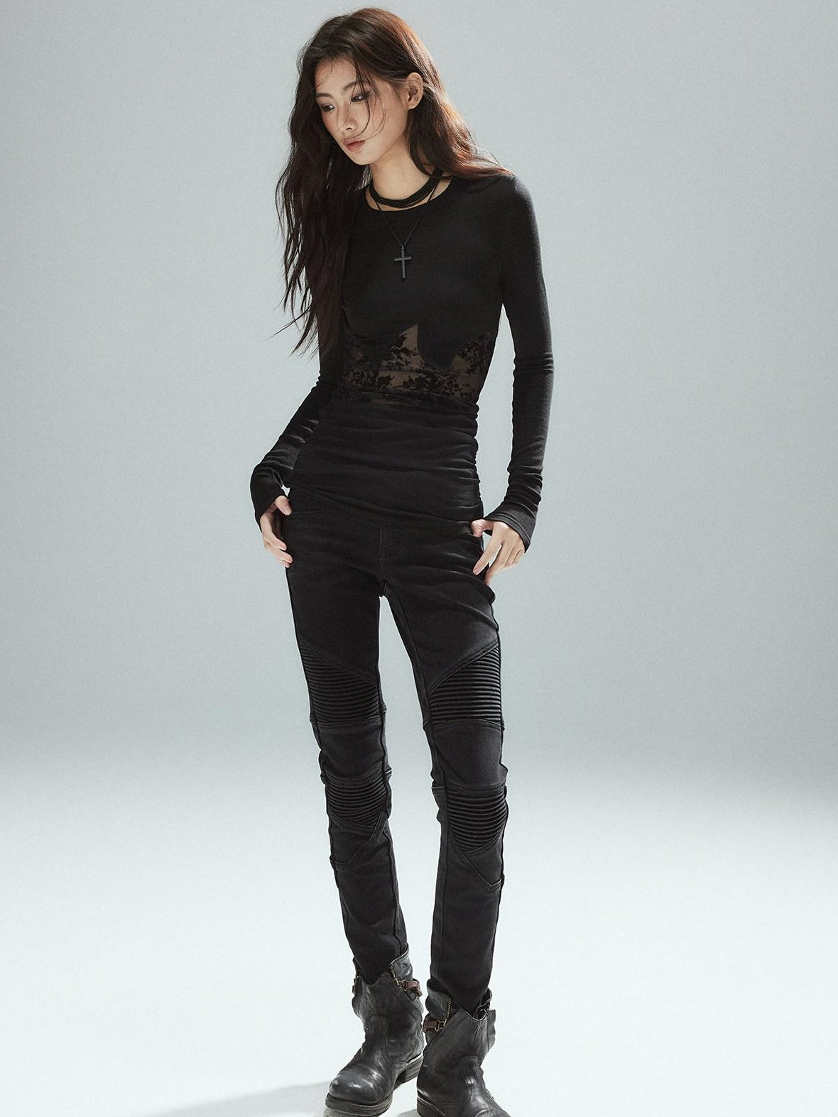 Asymmetrical Patchwork Slim Streetwear Black Lyocell Long Sleeve T-Shirts