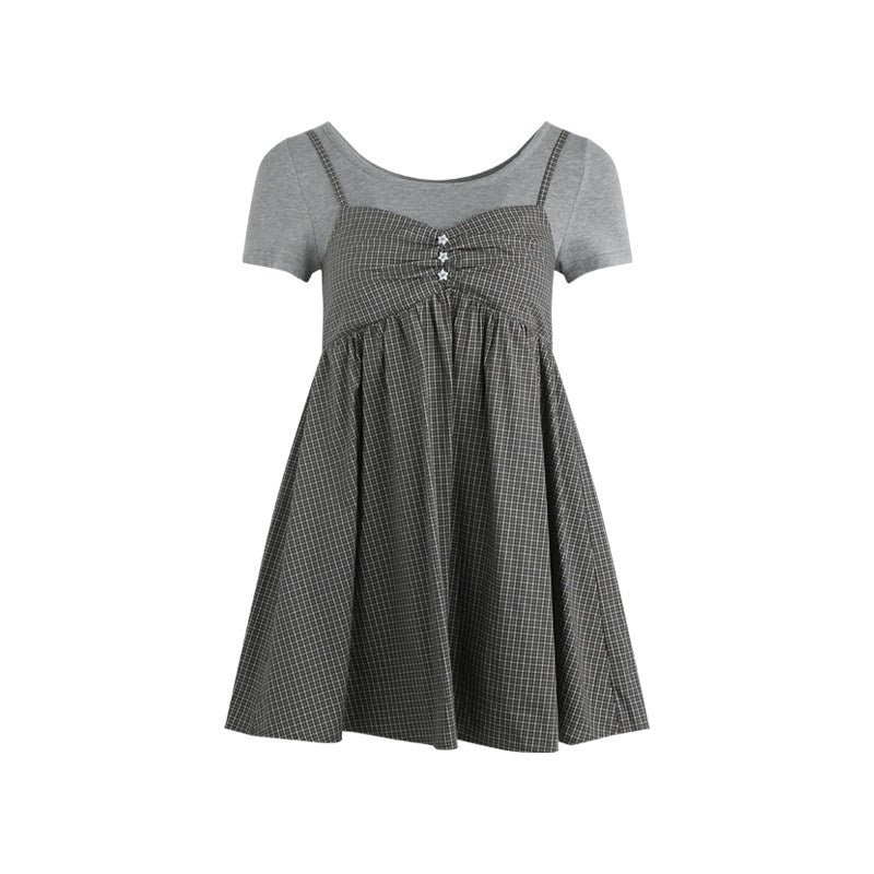 Star Button Check Layered Dress (2color)