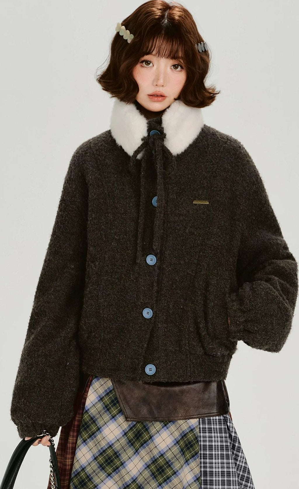 Girlyhalo |  RETRO FUR COLLAR TWEED JACKET【ID:TN00012】