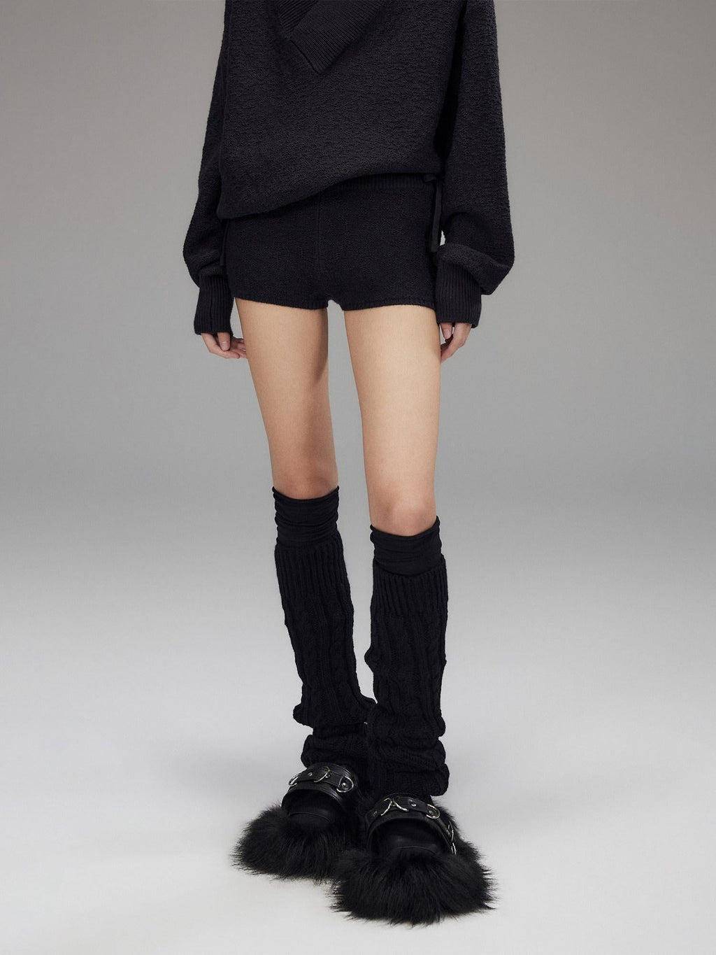 Knitted Wool Blend Loose Street Style Women Two Piece Set Navy Mini Shorts