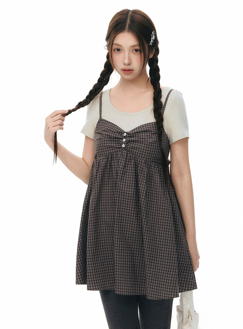 Star Button Check Layered Dress (2color)