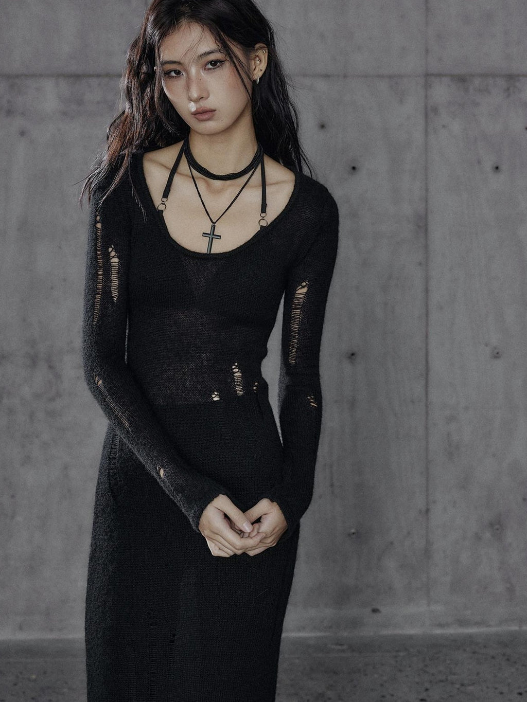 Waist Defining Wool Knit Tassel Casual Long Sleeve Round Neck Black Maxi Dresses