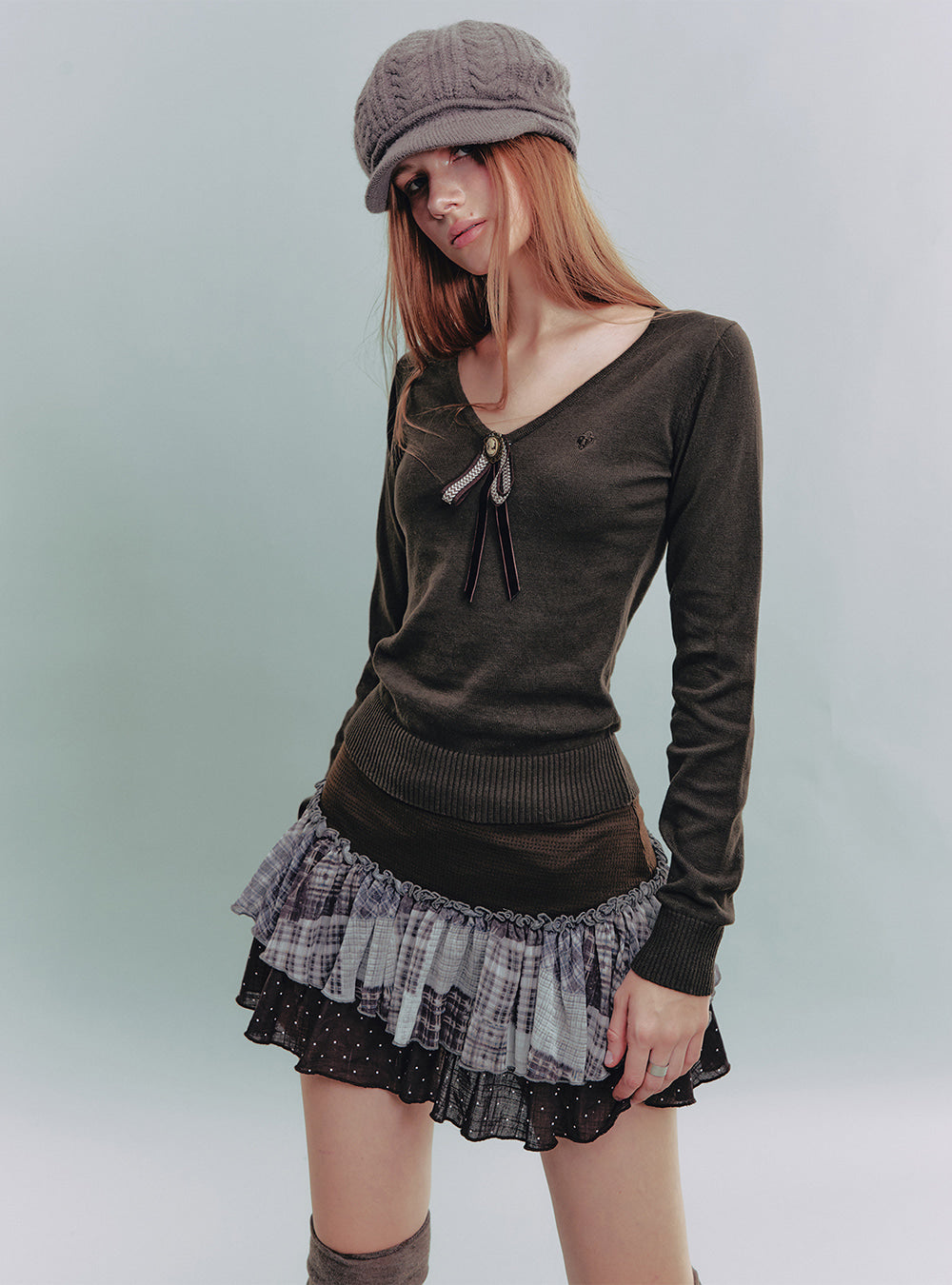 Brown Ribbon Knit Top & Check Skirt