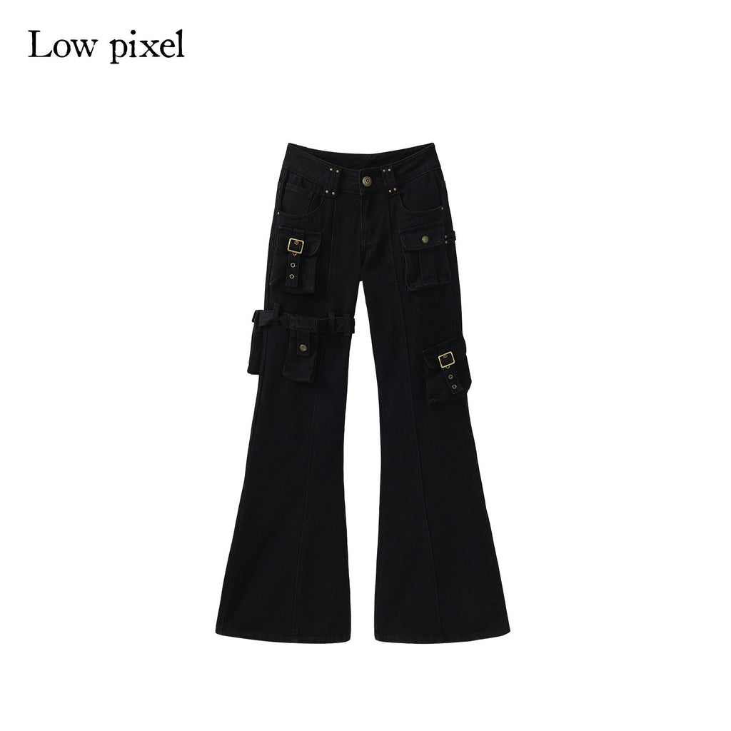 Dark Gothic Flared Mid Rise Pocketed Cotton Zip Fly Women Black Cargo Pants