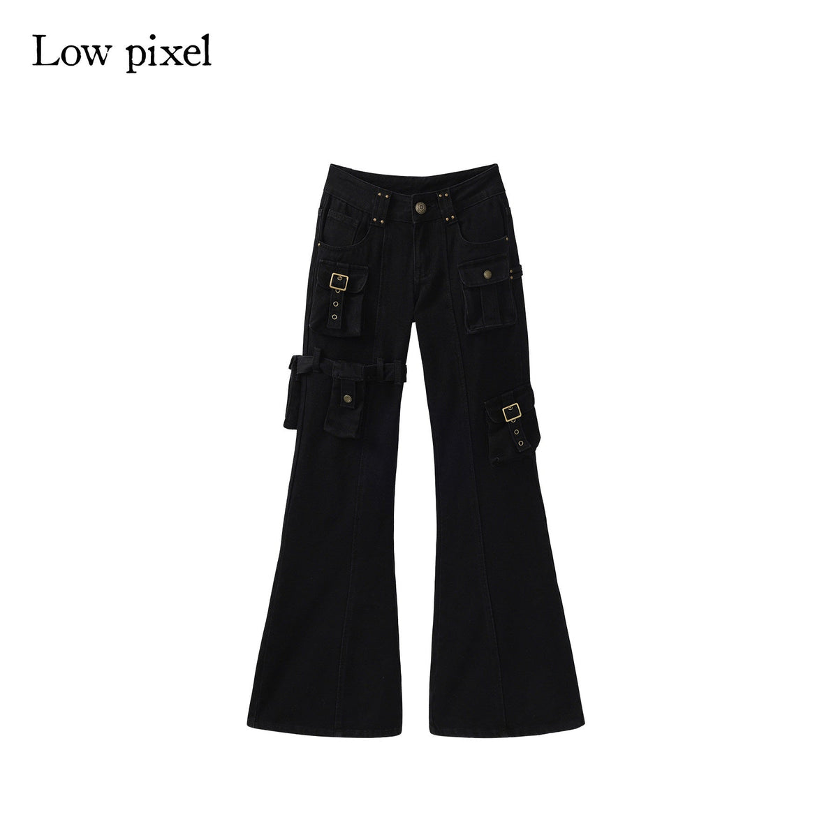 Dark Gothic Flared Mid Rise Pocketed Cotton Zip Fly Women Black Cargo Pants