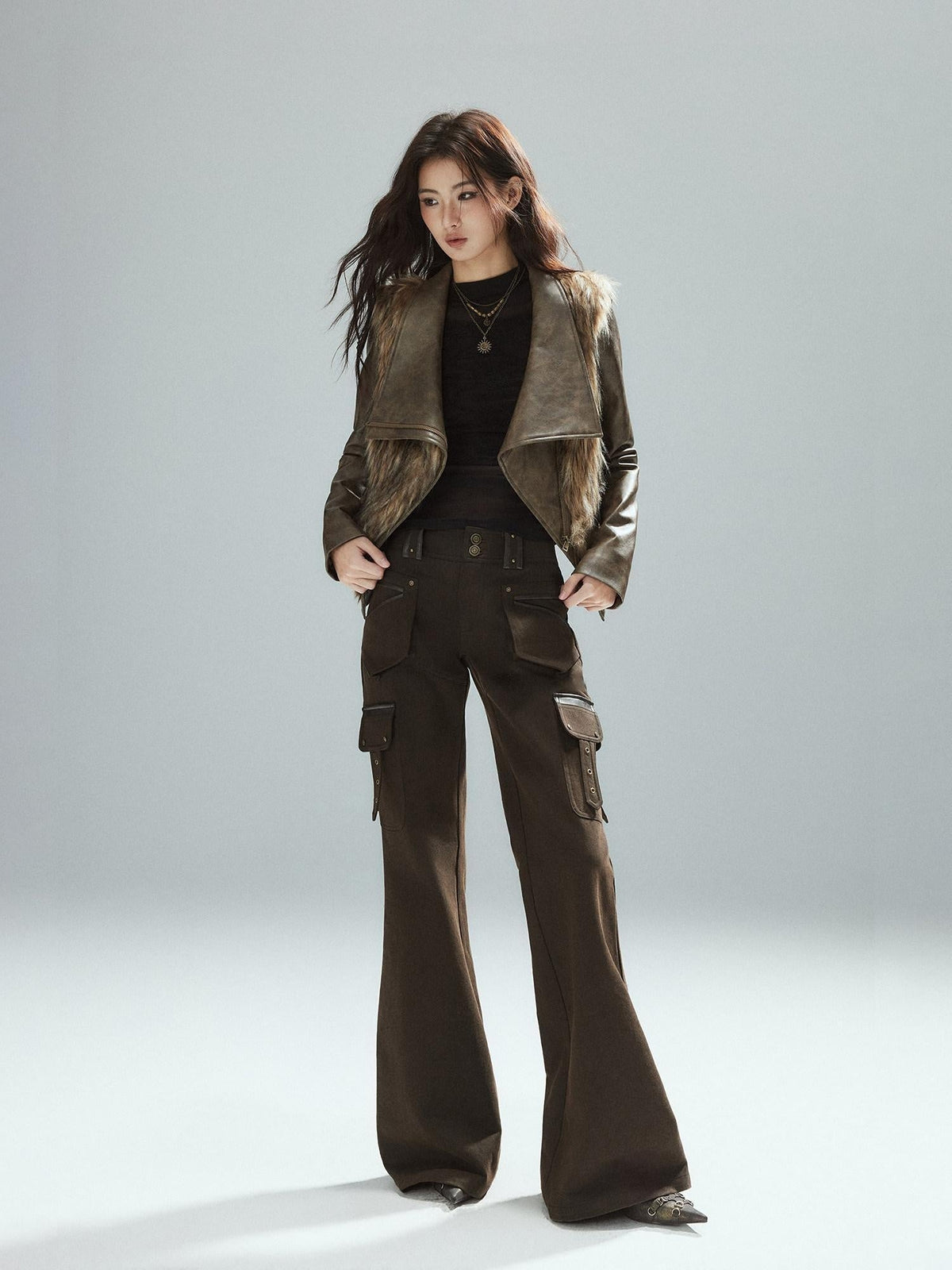Slim Low Rise Cotton Flare Street Style Zipper Brown Women Cargo Pants