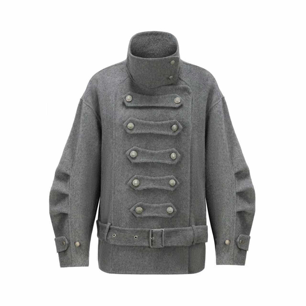 Warm Wool Blend Pleated Biker Collar Unisex Double Breasted Cropped Wool Coats