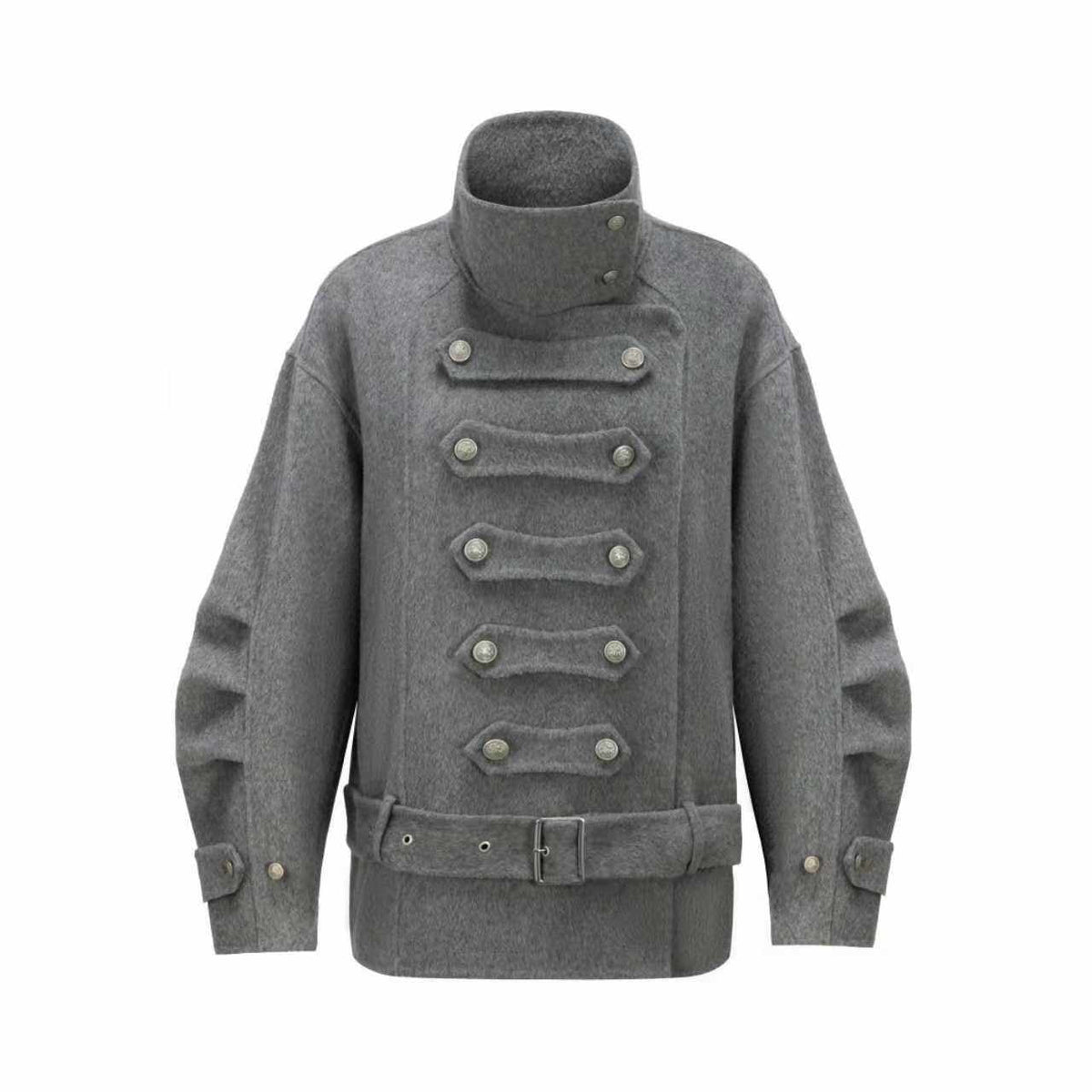 Warm Wool Blend Pleated Biker Collar Unisex Double Breasted Cropped Wool Coats