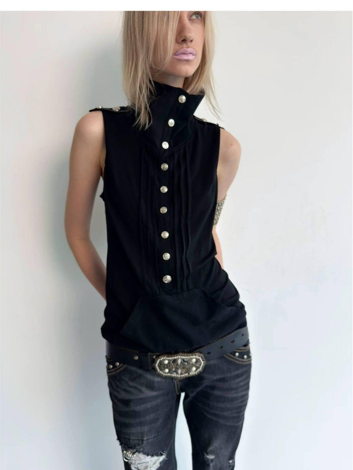 Metal Button Epaulet Convertible Half High Neck Women'S Cotton Blend Tank Tops