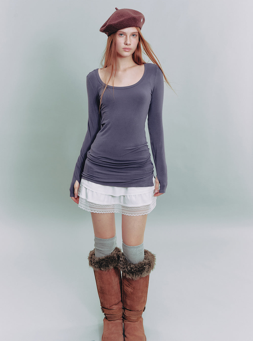 Scoop Neck Button Long Sleeve Top (2color)