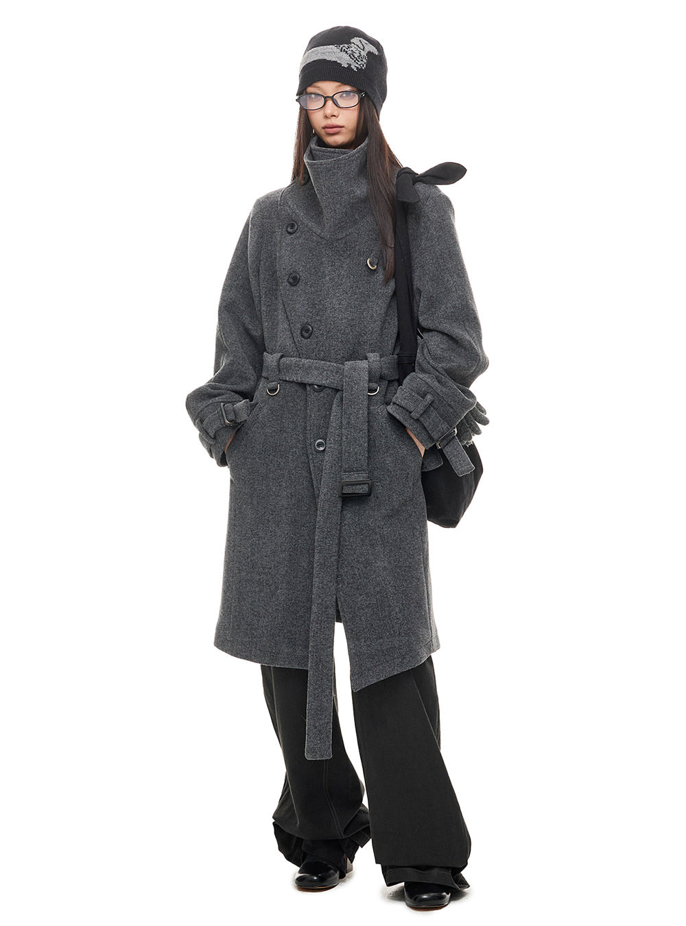 Gray Asymmetric Stand Collar Wool Coat
