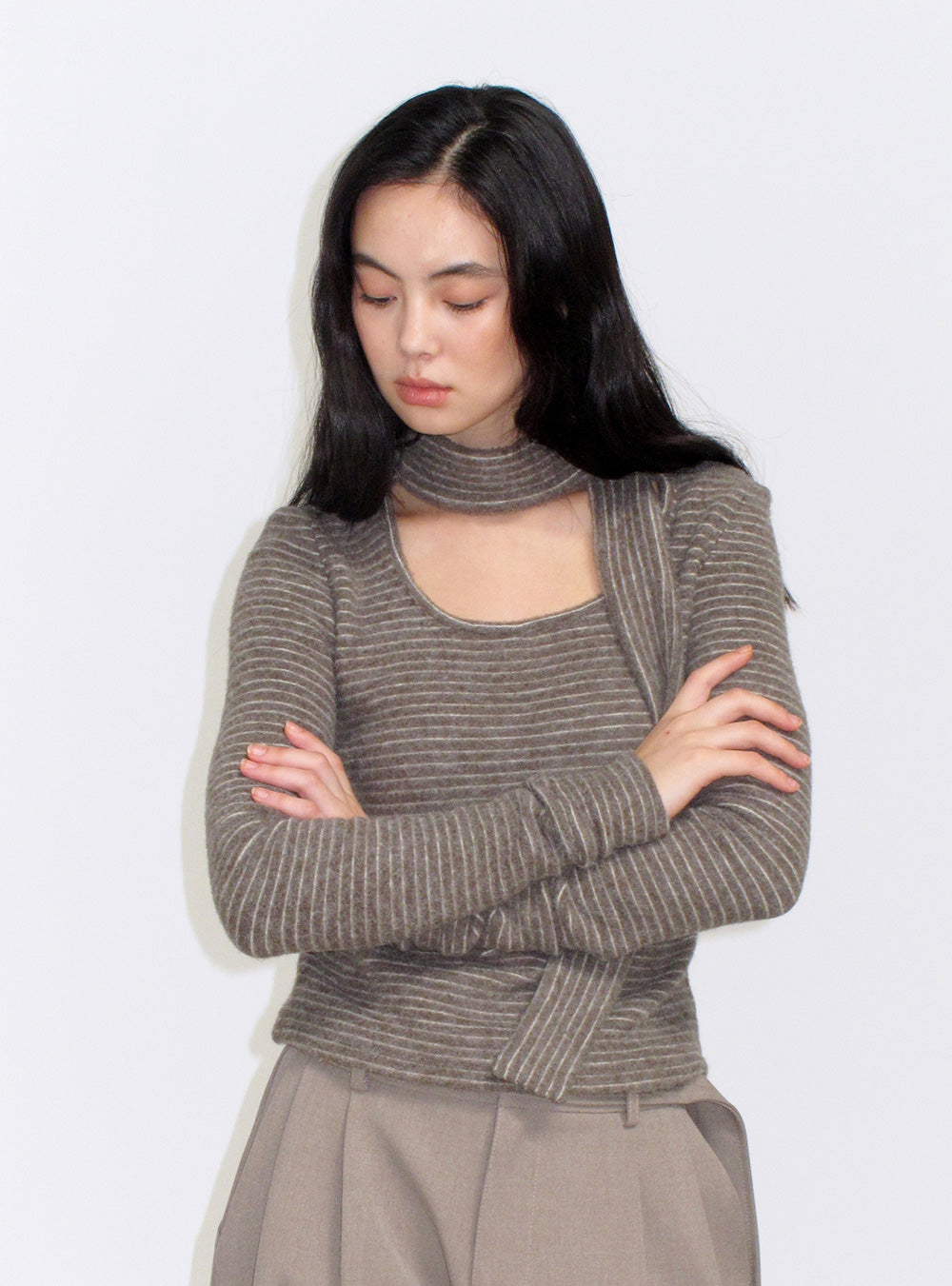 Dusty Gray Knit Striped Tie Slim Top
