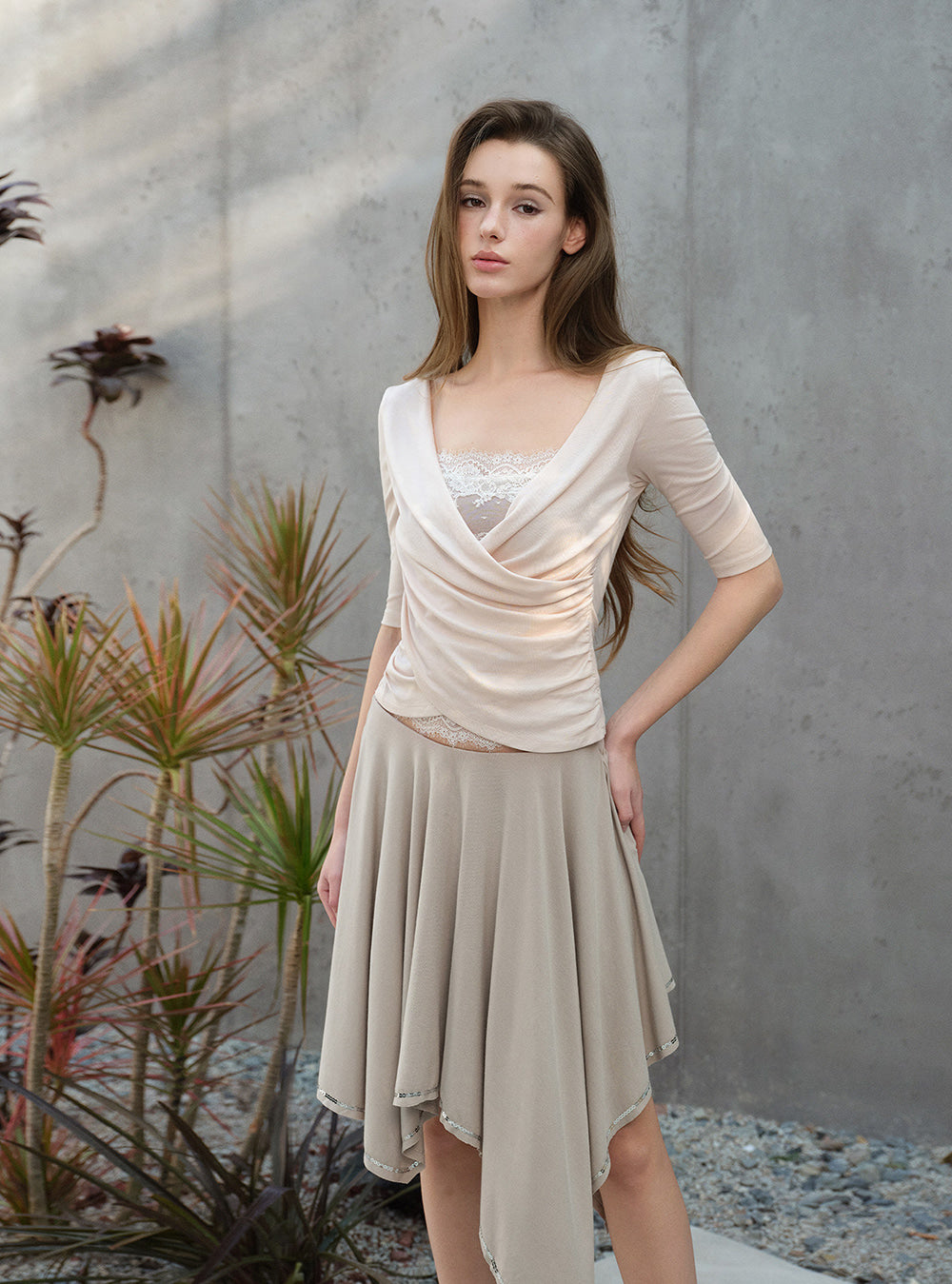 Blush Veil Drape Lace Top