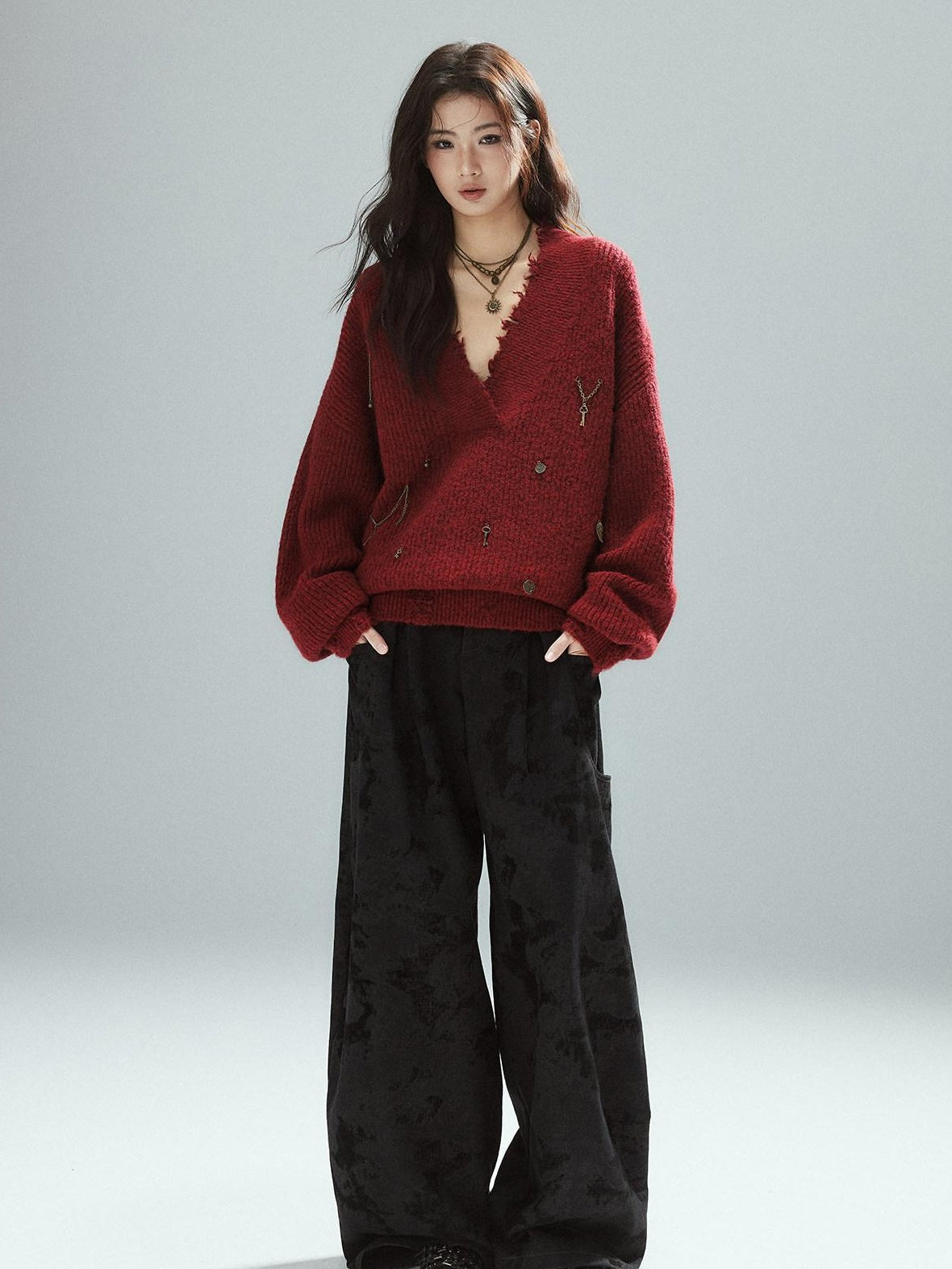 Black Cotton Flocked Low Rise Loose Street Women Zip Fly Wide Leg Jeans