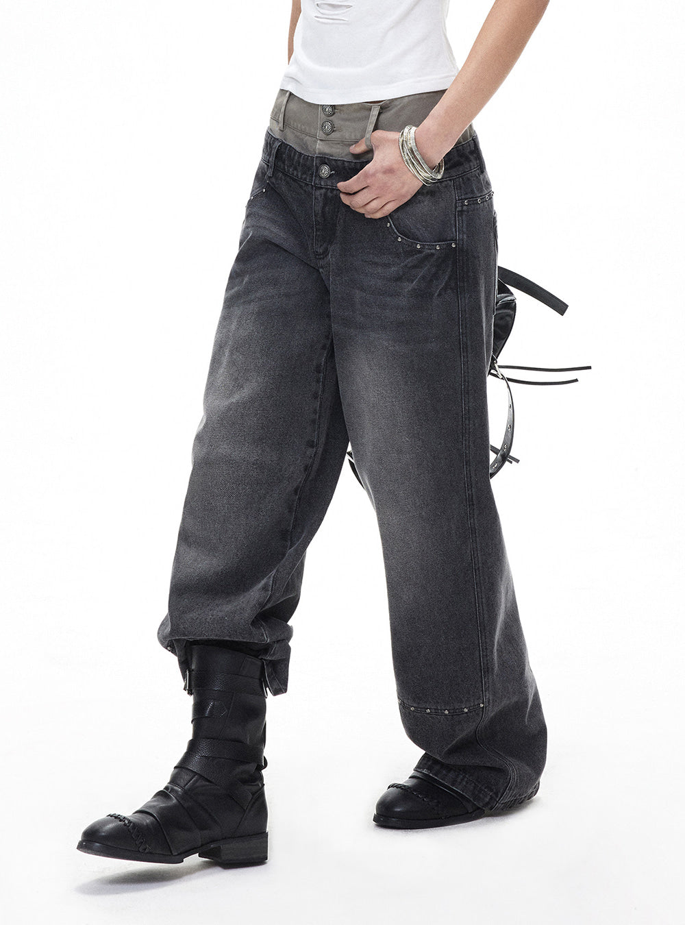 Stud Washed Wide Denim Pants