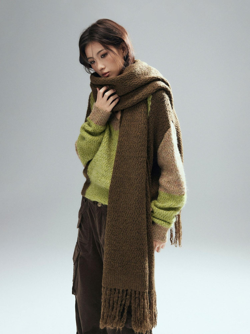 Thick Sheep Wool Patchwork Streetwear Loose Fit V-neck Pullover Youth Sweaters