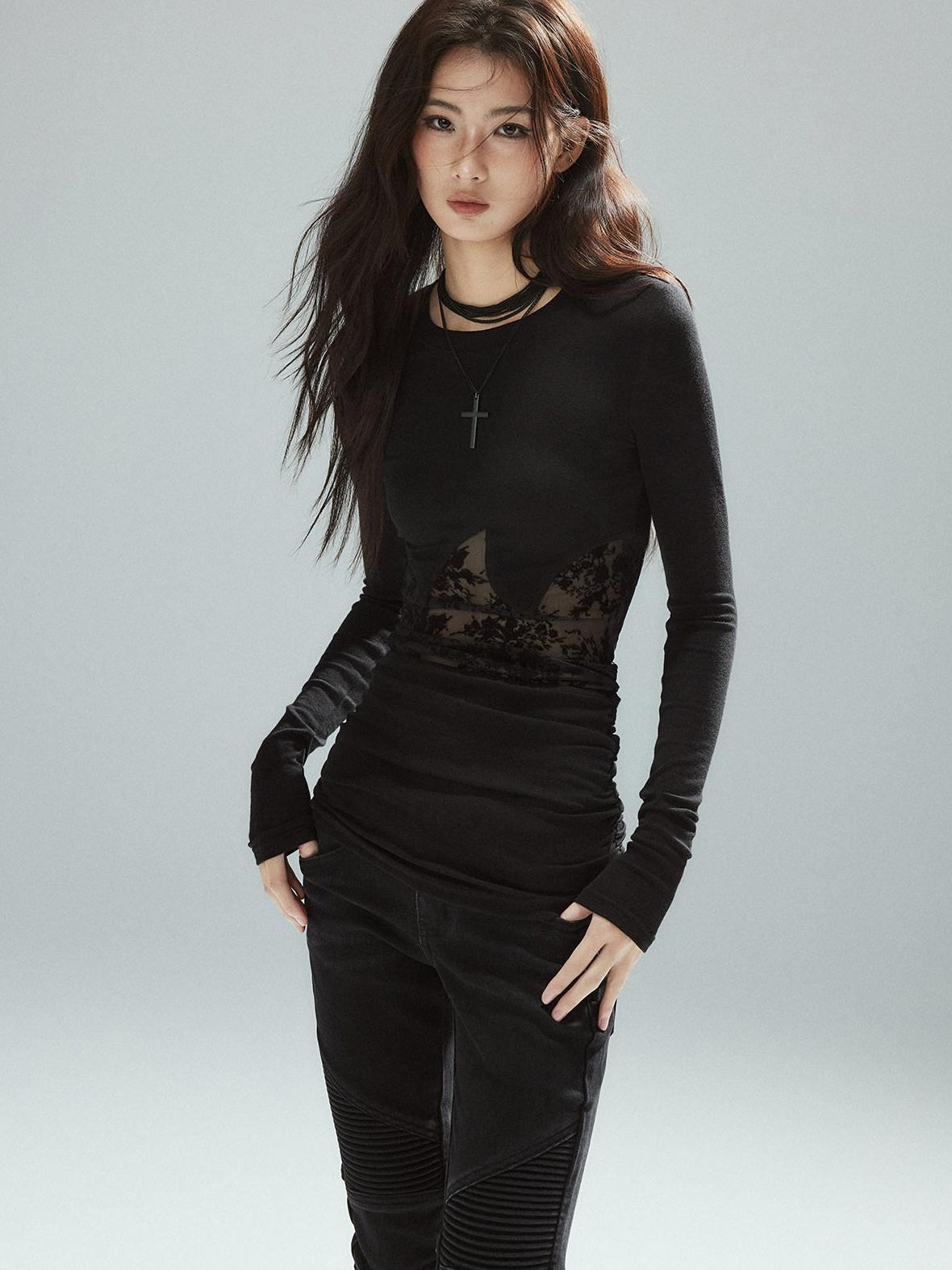Asymmetrical Patchwork Slim Streetwear Black Lyocell Long Sleeve T-Shirts
