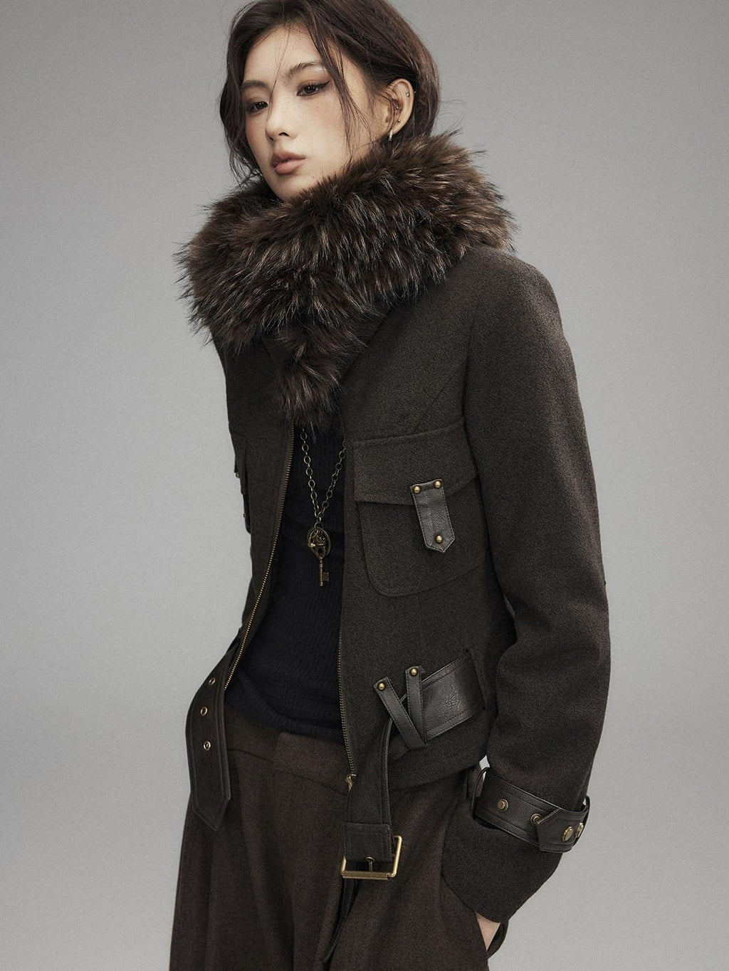 Thick Wool Blend Slim Fit Sexy Lapel Zipper Brown Everyday Women Cropped Jackets