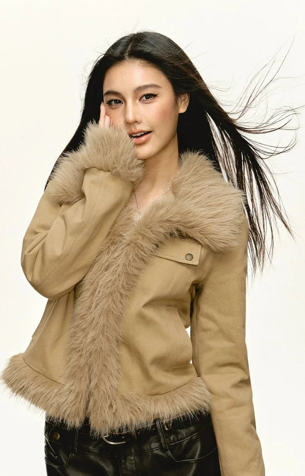 Khaki Faux-Fur Trim Cropped Jacket