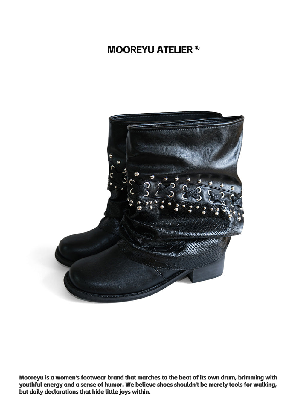 Square-Toe Rebel Stacked Leather Boots
