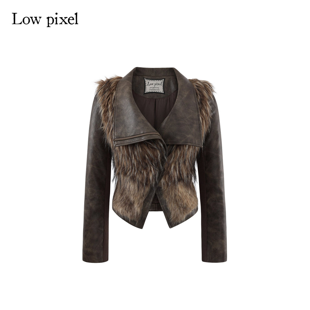 Thick Waist Cinch Patchwork Street Style Women Brown Zipper Lapel Cropped Jackets