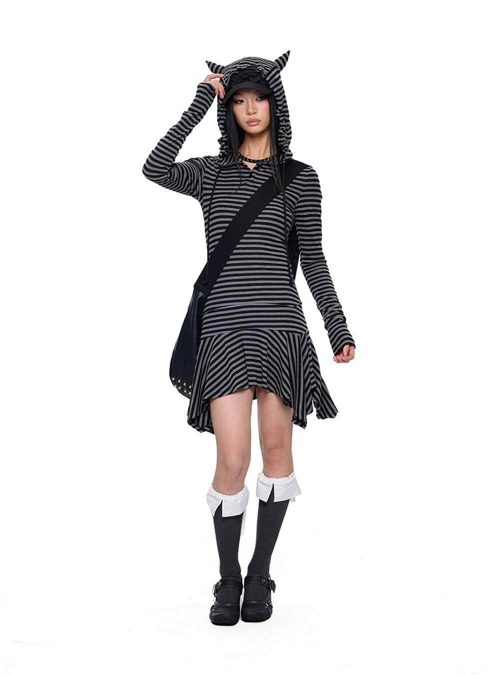 Horned Hood Stripe Mini Dress (2color)