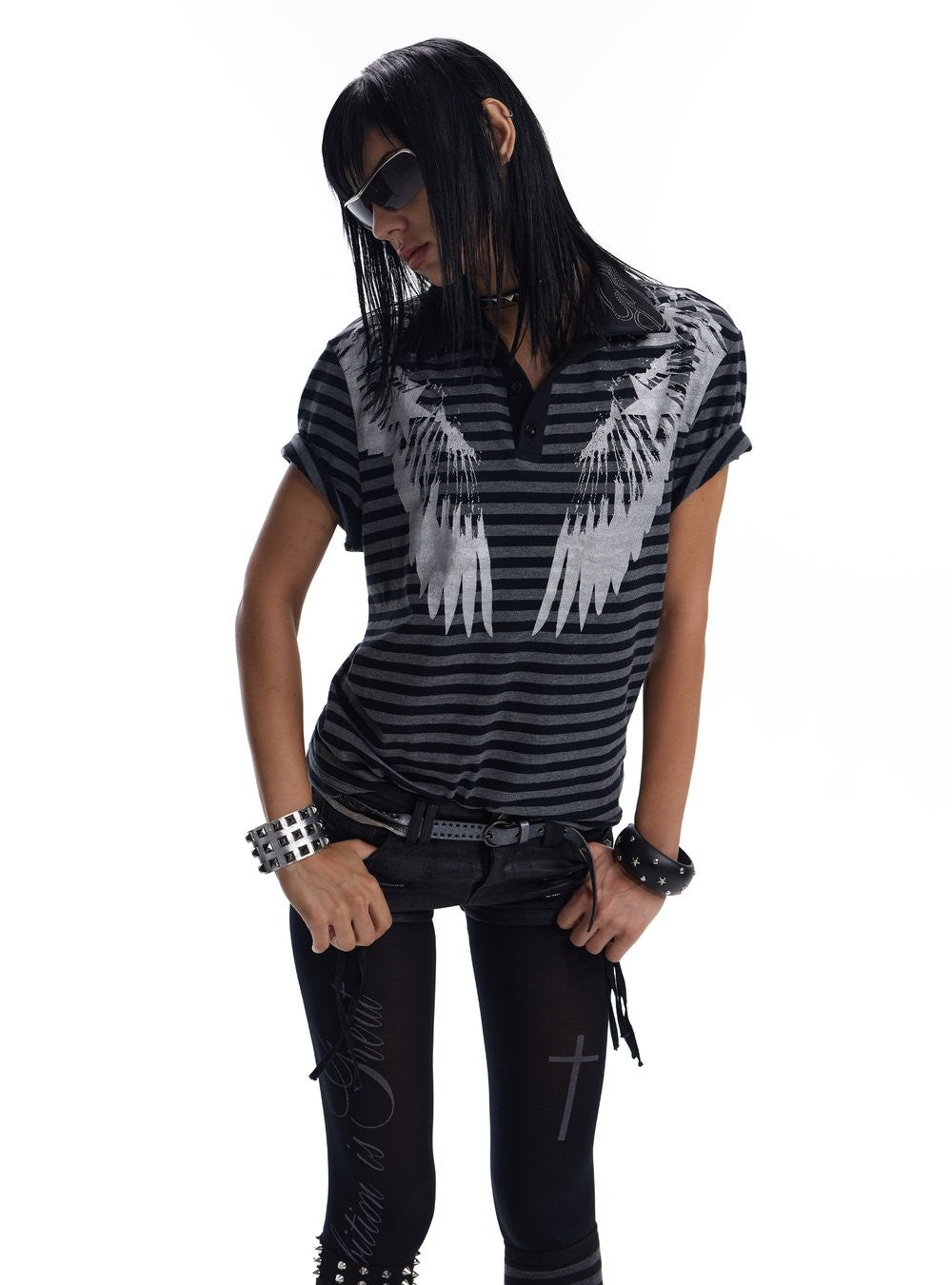 Silver Wing Stripe Polo Top