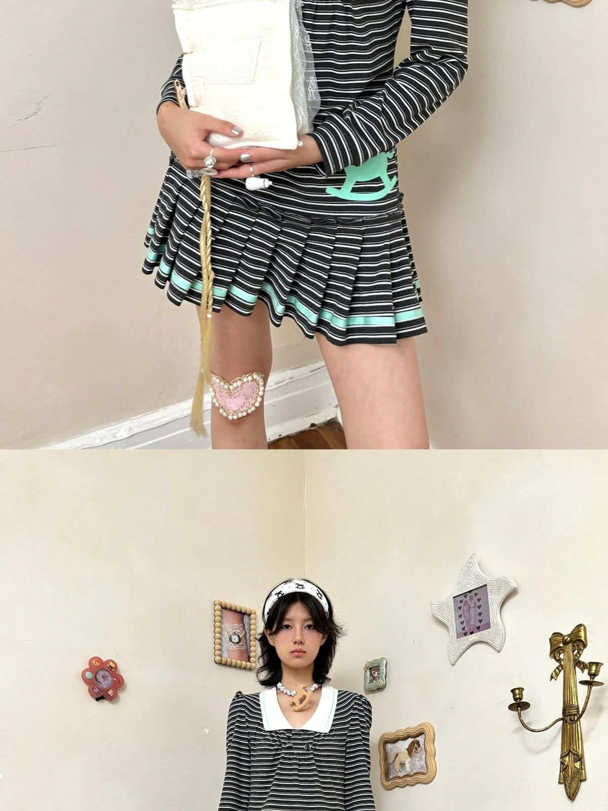 Cute Bubble Sleeve Doll Collar Pleated Casual Striped Mint Pink Mini Dresses