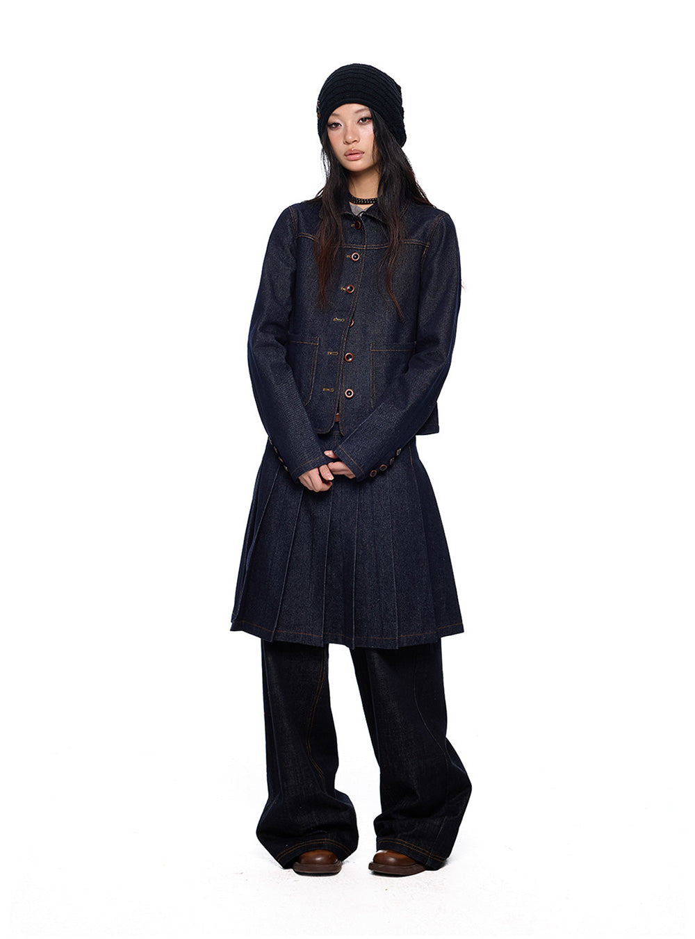 Side Button Pleated Denim Midi Skirt