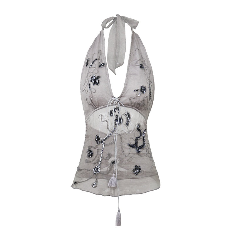 Embroidered Beaded Sequin Floral Halter V-neck Women'S Polyester Tank Tops